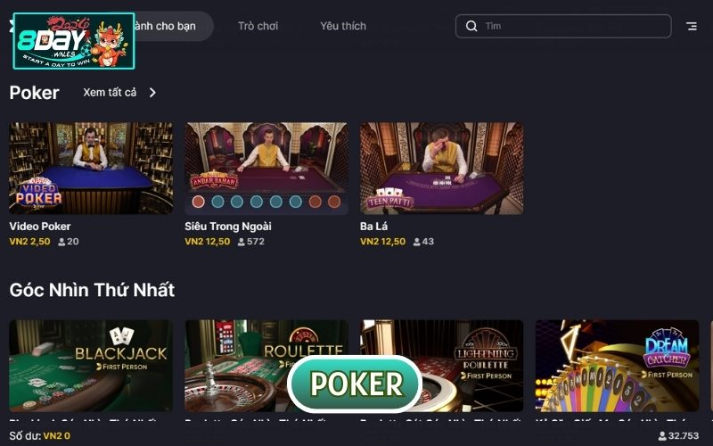 Poker luôn là tựa game có sức hút đặc biệt tại sảnh EVOLUTION CASINO 8DAY