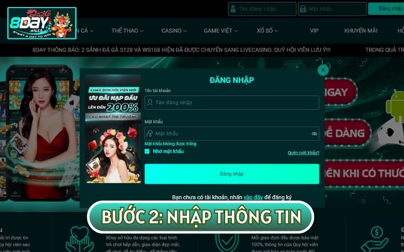 Nhập thông tin vào biểu mẫu theo HƯỚNG DẪN ĐĂNG NHẬP của 8DAY